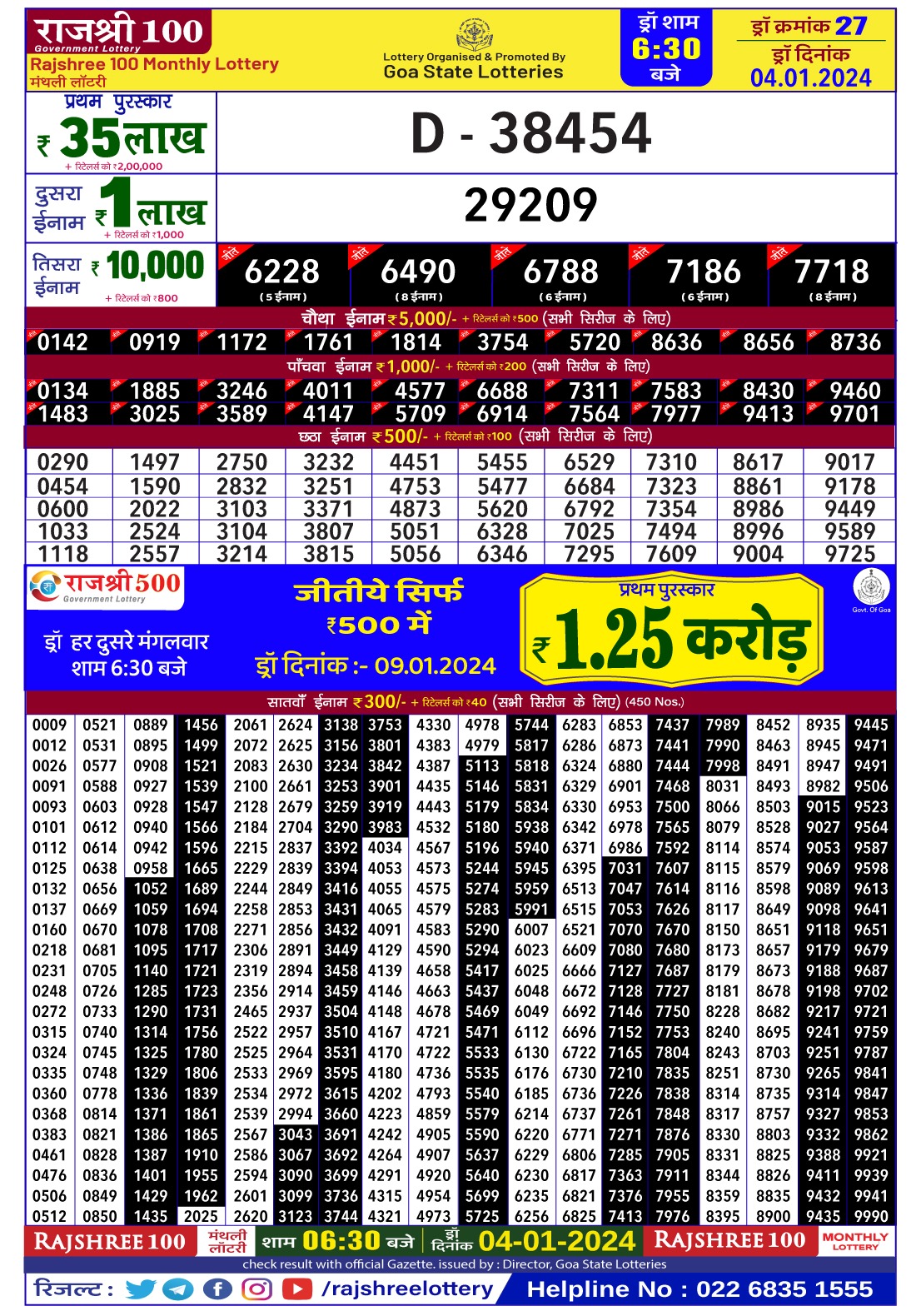 Rajshree 100 Monthly Lottery Draw 0630Pm 04 January 2024 All State