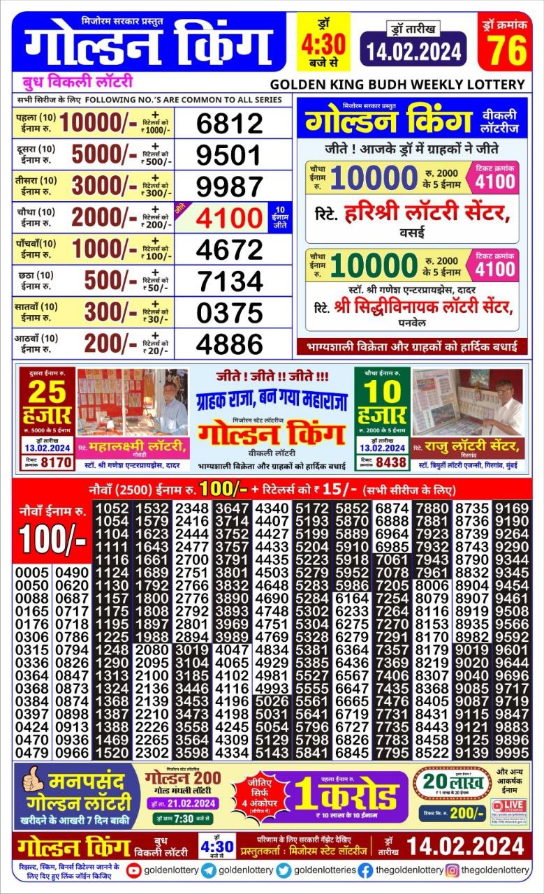 Golden King Lottery 4.30 pm Result 14 Feb 2024 All State Lottery